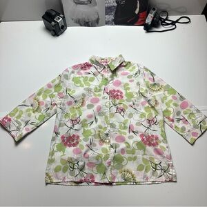 Vintage 2000s Alia Petite Garden Watering Can Print Blouse Floral Cotton Blend